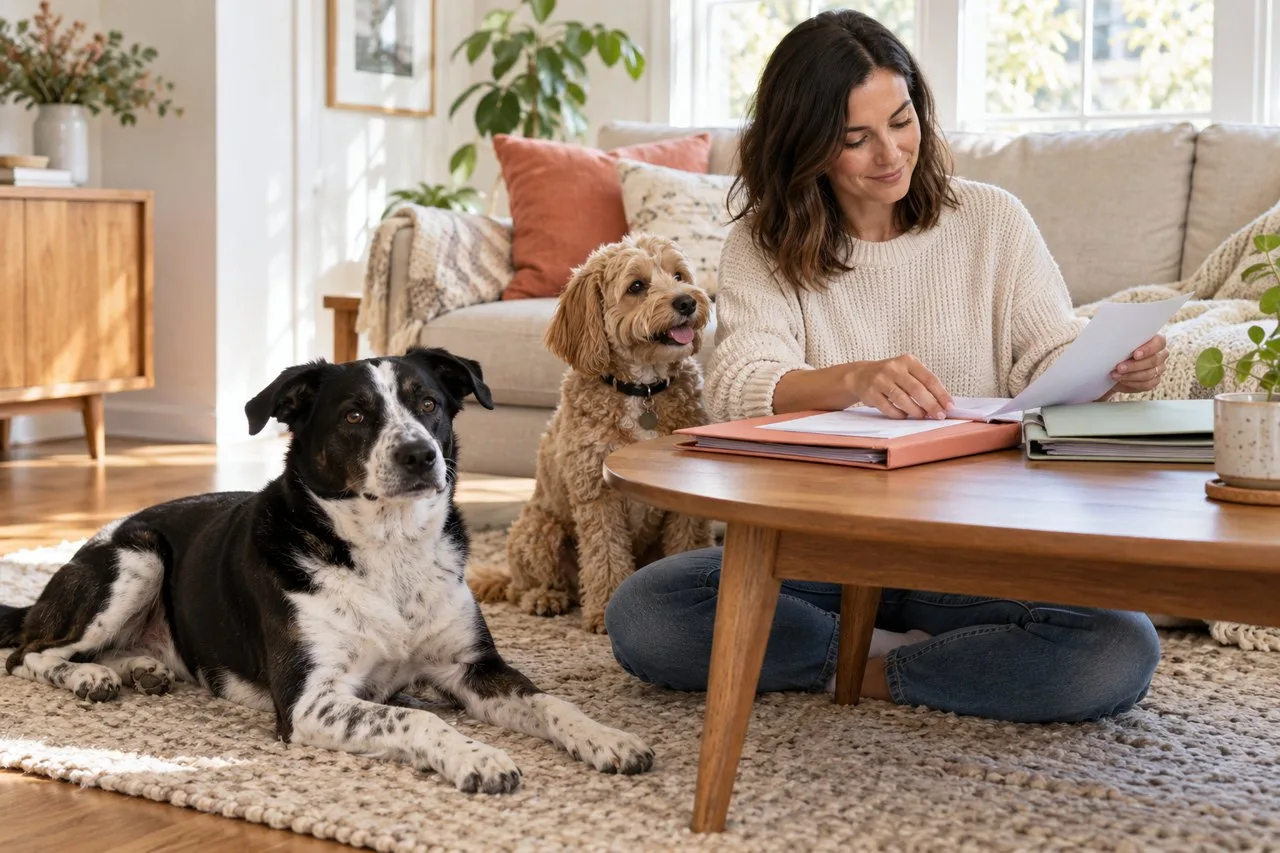 Two distinct dogs beside an owner organizing separate folders at home